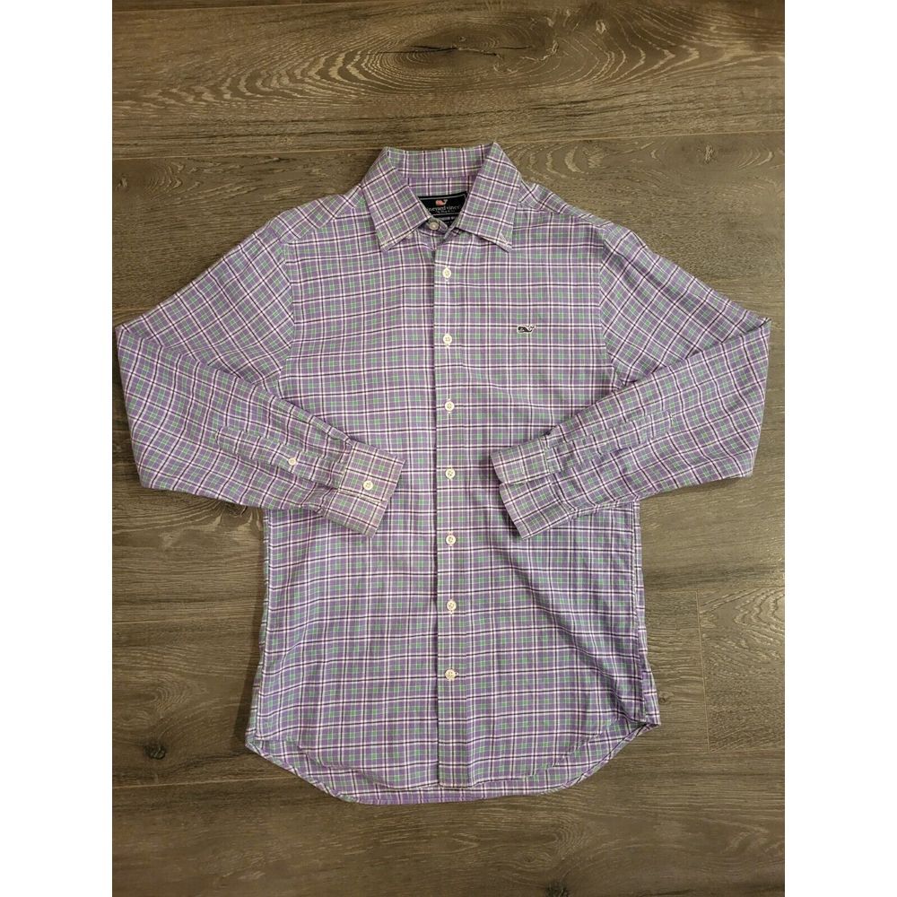 Vineyard Vines Mens Slim Fit Whale Shirt Plaid Long Sleeve Sz Small Purple Green